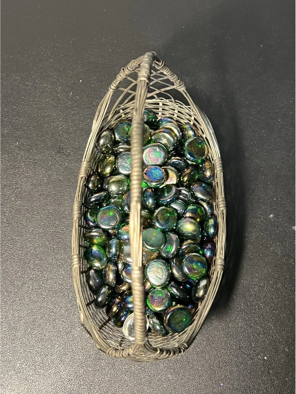 Vintage 1950s Woven Silver Tone Wire Basket With Iridescent Glass Gems, 7x7”